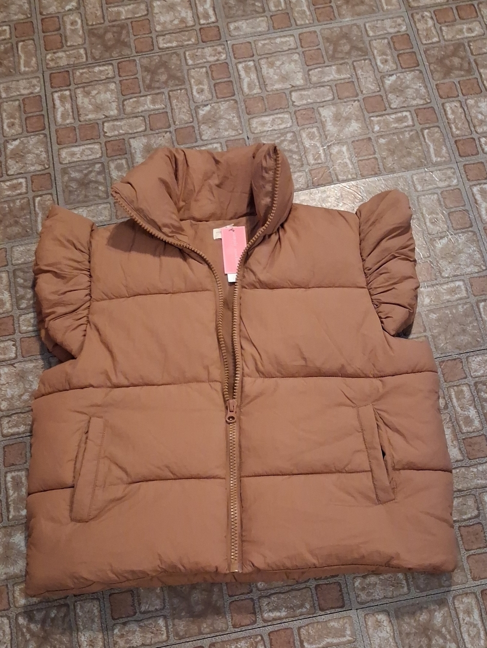 Simply Southern Camel Brown Puffer Vest with Ruffle Shoulders